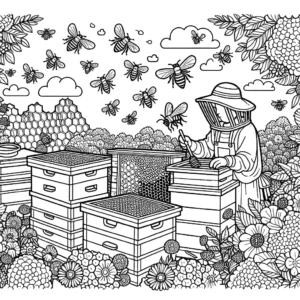 Beekeeper tending to hive in a garden coloring page