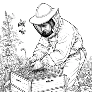 Beekeeper in protective suit tending to bee hive in garden coloring page