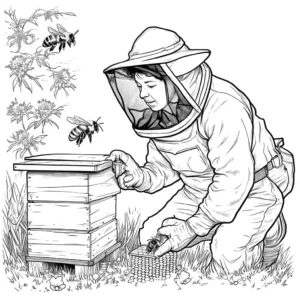 Beekeeper in apiary inspecting bee colony coloring page