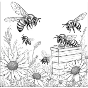 Bees and flowers near beehive coloring page
