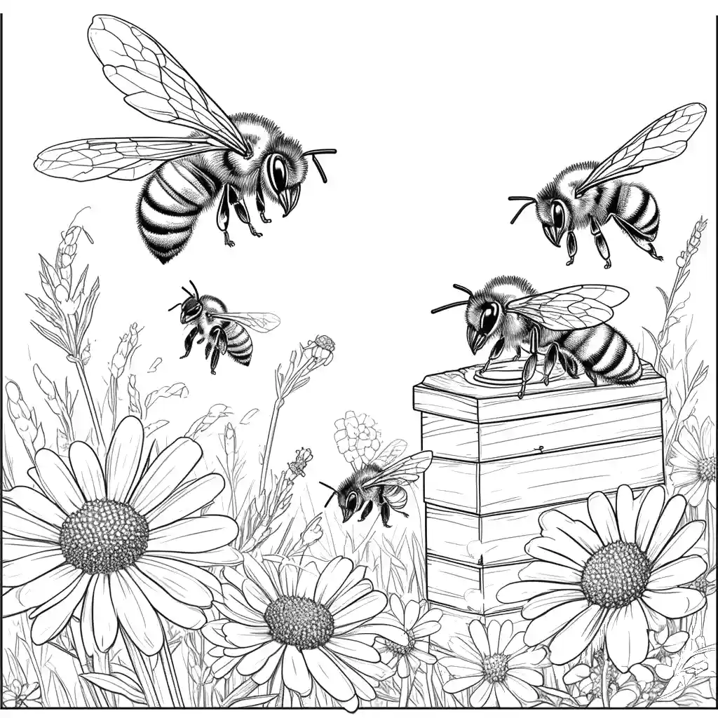 Bees and flowers near beehive coloring page