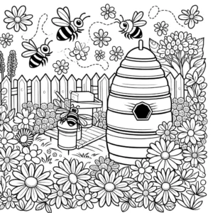 Bees and beehive coloring page in garden setting coloring page