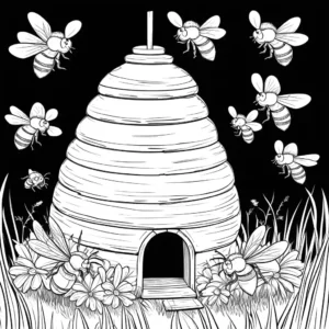 Beehive and bees coloring page