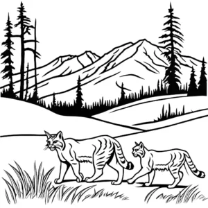 Bobcat family walking through meadow with mountains in the background coloring page