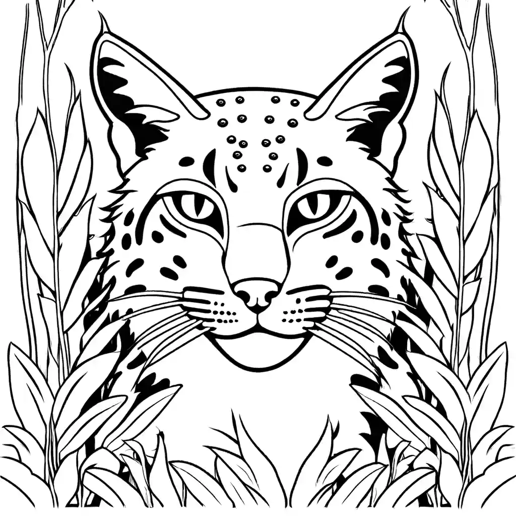 Bobcat hiding in bushes with piercing eyes coloring page