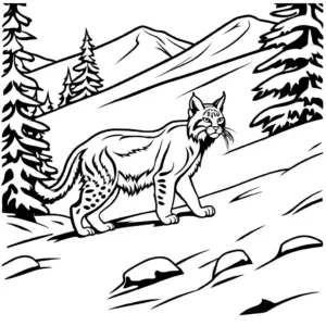 Bobcat hunting in snowy wilderness coloring page