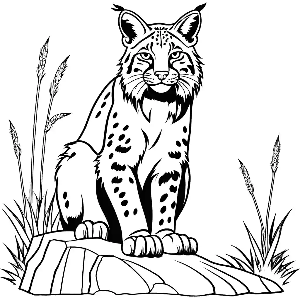 Bobcat with large fluffy paws sitting on rock coloring page