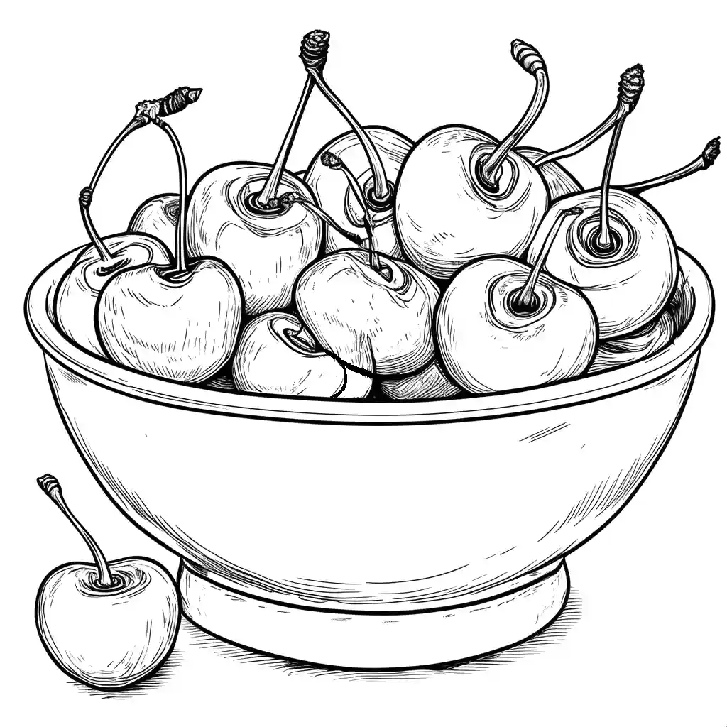 Coloring page of bowl filled with cherries close-up coloring page