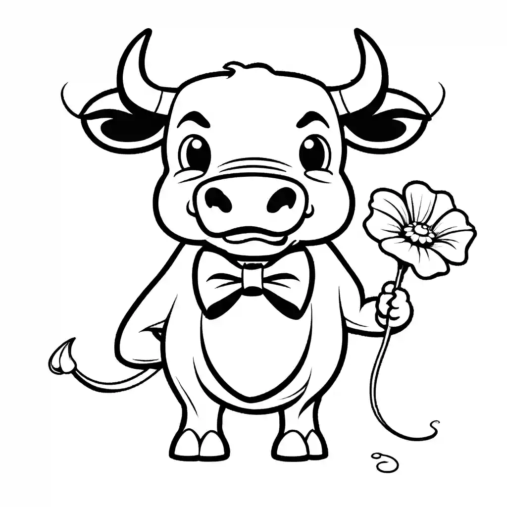 Bull with big bowtie, squirting water from flower, wearing goofy expression coloring page