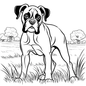 Realistic line art drawing of happy Boxer Dog on grassy field coloring page