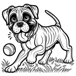 Boxer Dog standing on grassy field with tennis ball in mouth coloring page
