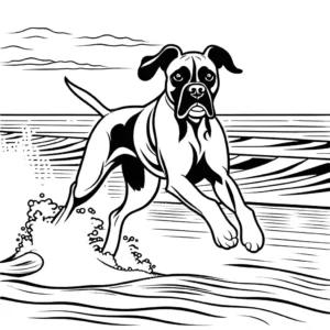 Boxer dog running on the beach with waves in the background coloring page