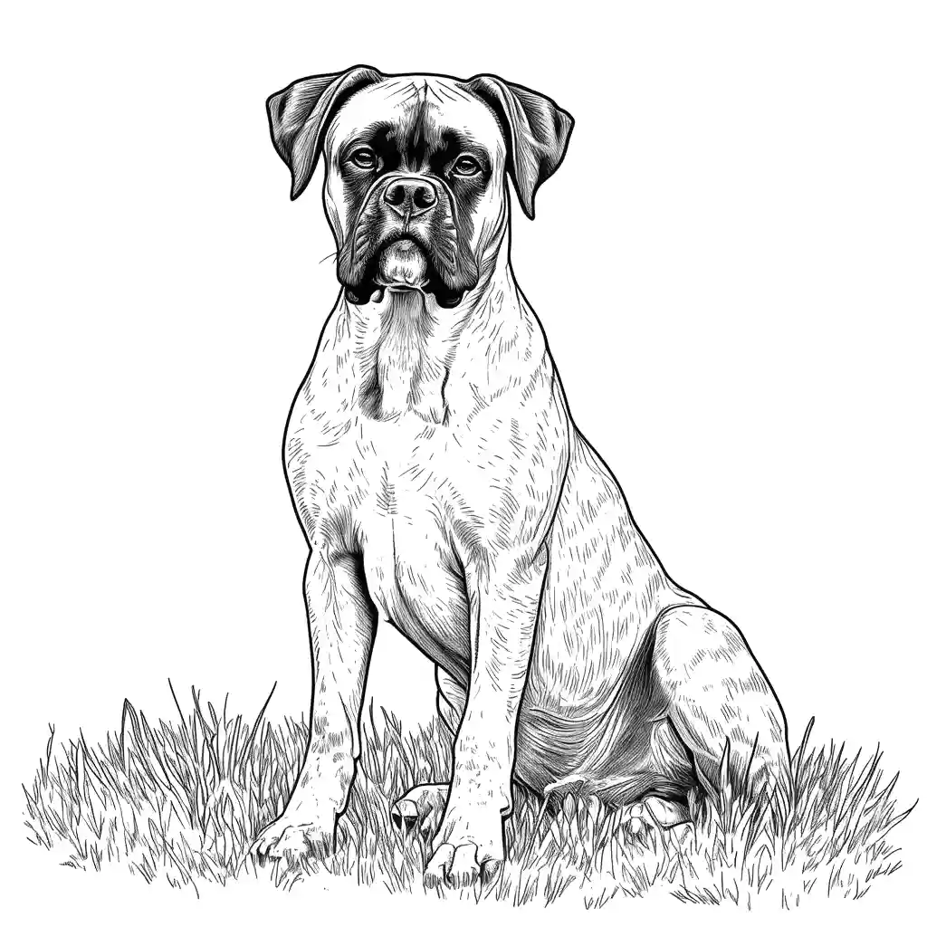 Boxer dog coloring page sitting on the grass coloring page