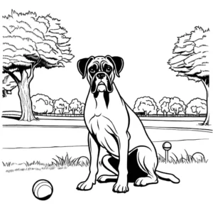 Boxer dog sitting with a ball in its mouth in the park coloring page