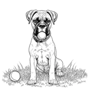 Adorable Boxer dog sitting on grass with a tennis ball in its mouth coloring page