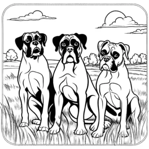 Group of boxer dogs playing in a grassy field under the sun coloring page