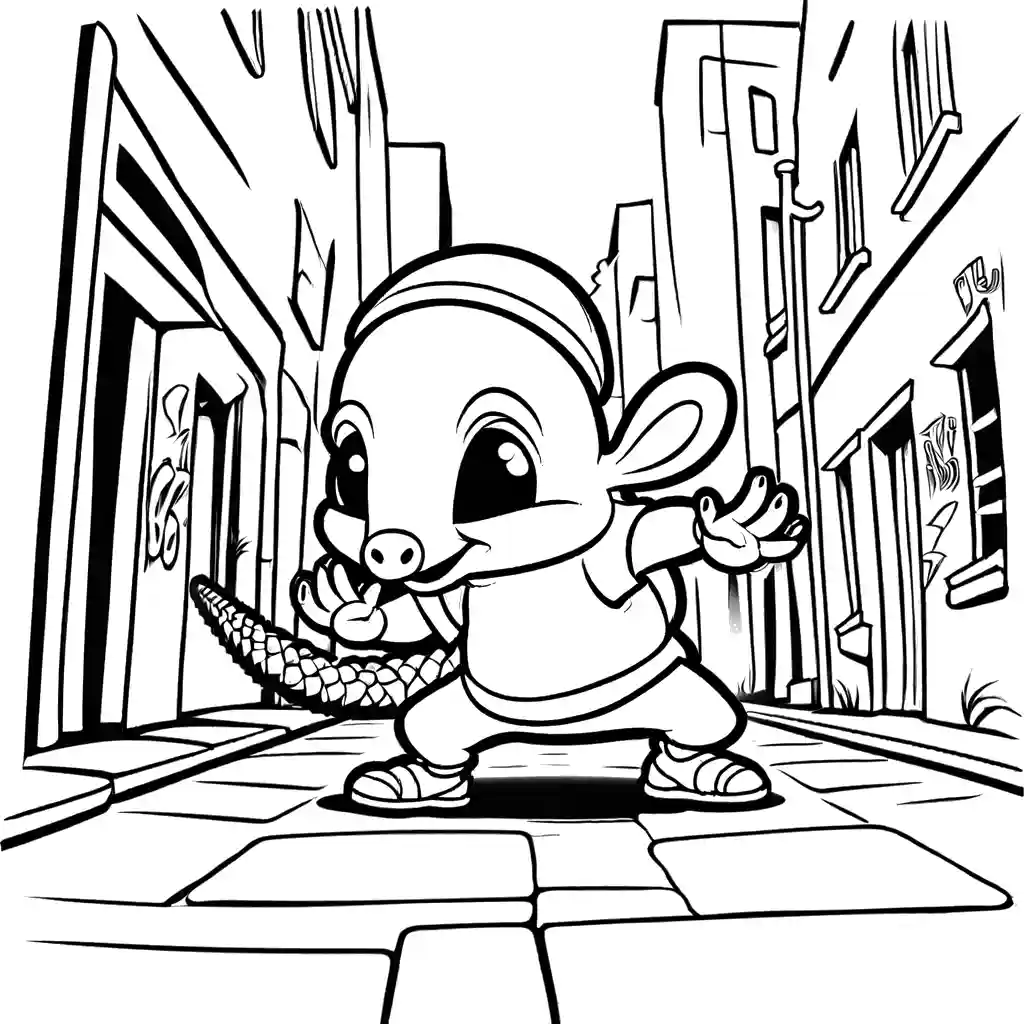 Funny armadillo breakdancing in vibrant dance battle with other animals in graffiti-covered alley coloring page