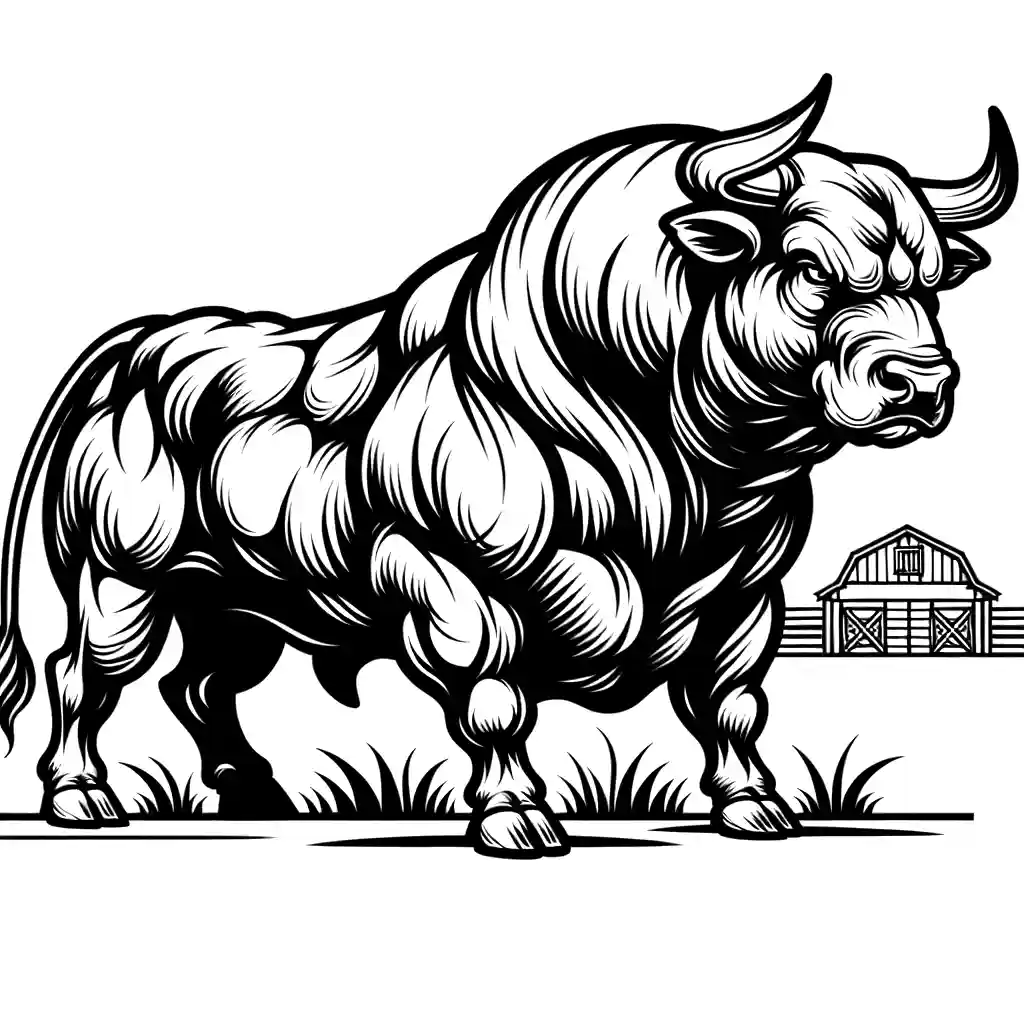 Strong and powerful Bull outline for coloring on farm background coloring page