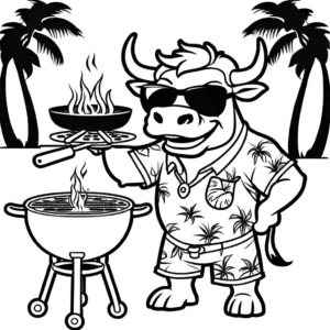Bull in Hawaiian shirt and sunglasses grilling at a barbecue party coloring page