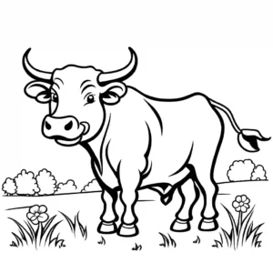 Bull with a bell around its neck in a pasture coloring page