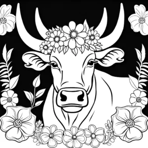 Bull coloring page with flowers coloring page