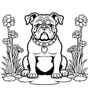 Bulldog with spiked collar sitting in a garden coloring page