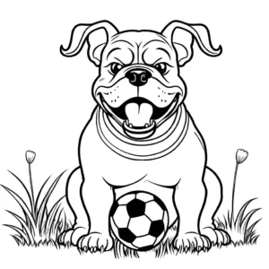 Bulldog holding football standing on grass field coloring page