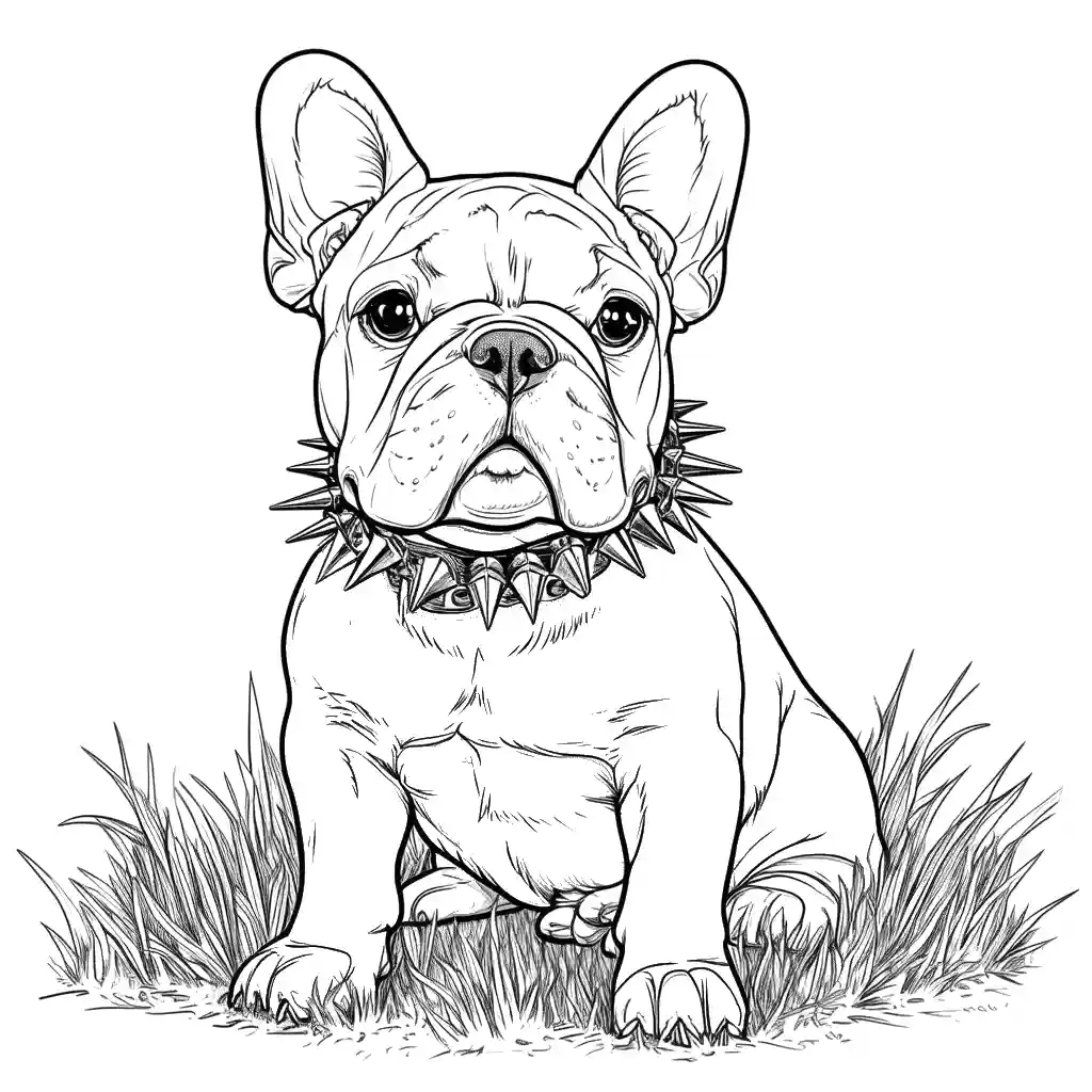 Bulldog coloring page with spiked collar sitting on the grass coloring page