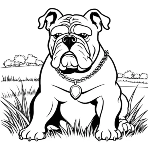 Bulldog with spiked collar sitting on grassy field coloring page