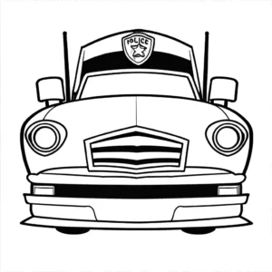 Caricature style police car coloring page with exaggerated features coloring page