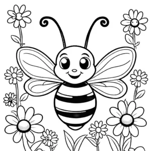 Friendly cartoon bee surrounded by flowers coloring page