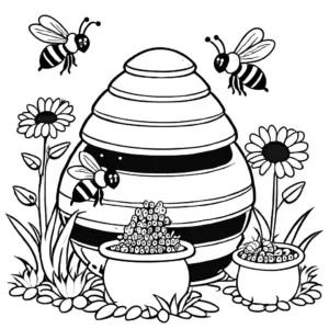 Cartoon bees and hive in garden coloring page
