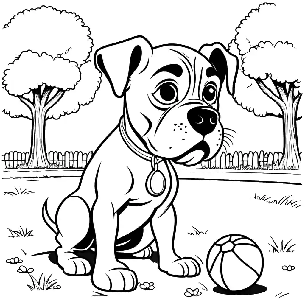 Cute cartoon drawing of playful Boxer Dog with ball coloring page