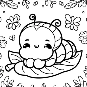 Cute caterpillar coloring page with flowers and leaves coloring page