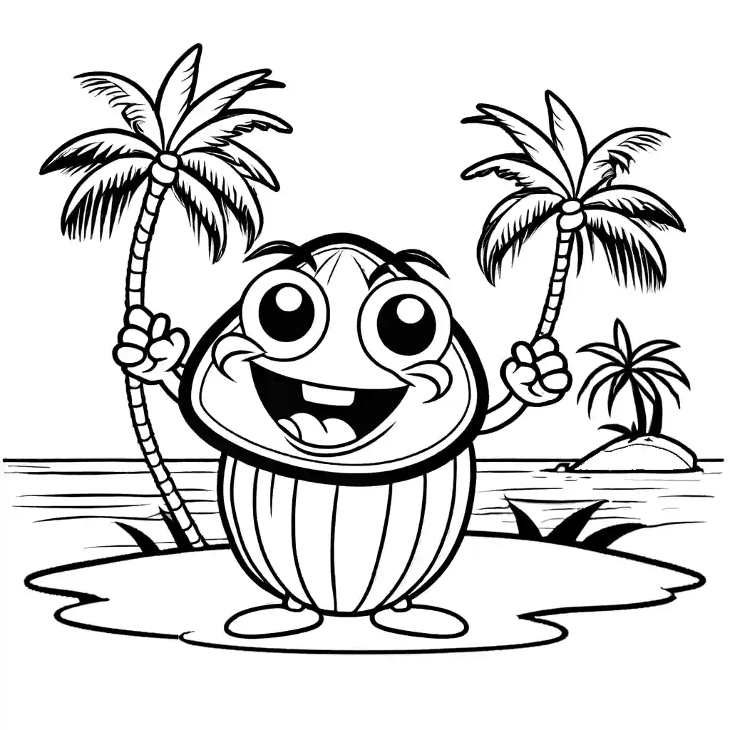 Cartoon coconut with face and legs doing hula dance on tropical island coloring page