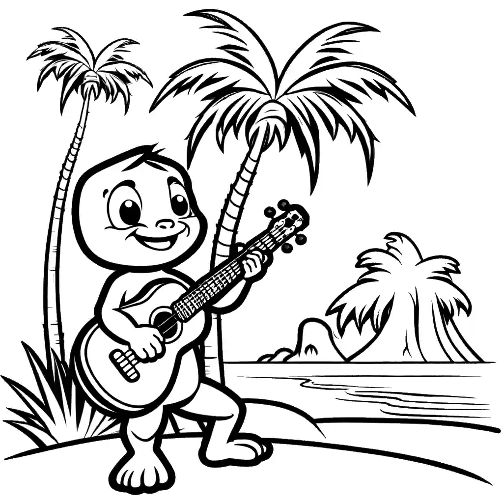 Cartoon coconut with face and arms playing ukulele under palm tree coloring page