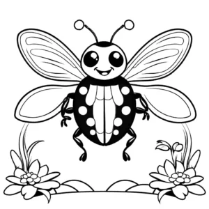 Cute red ladybug with black dots and wide spread wings flying in the air coloring page