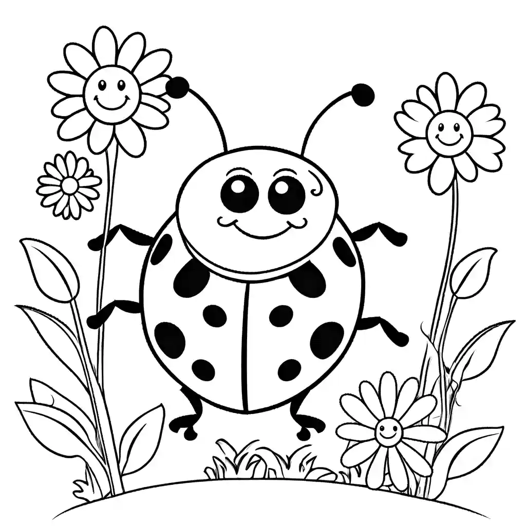 Cute cartoon ladybug surrounded by flowers and leaves, smiling coloring page