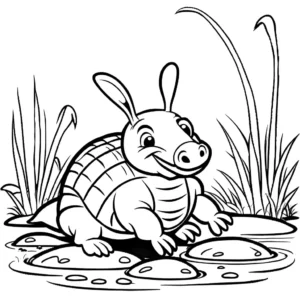 Cartoon armadillo happily rolling in the mud coloring page