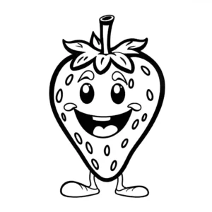 Cartoon-style strawberry with a smiling face, outlined coloring page
