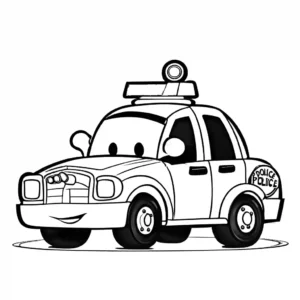 Cartoon style police car coloring page with exaggerated features coloring page