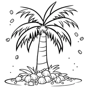 Happy coconut tree with a party hat, streamers, and confetti on its branches coloring page
