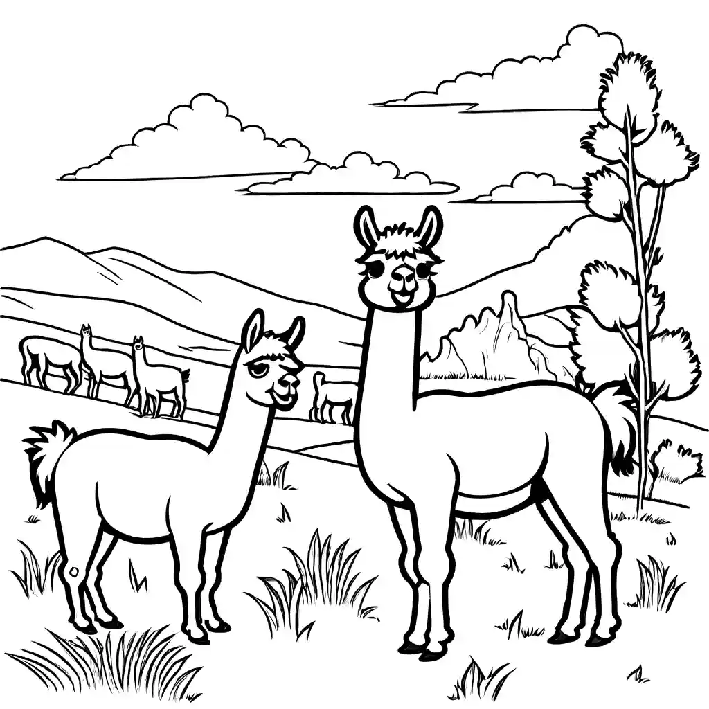 Llama Herd Grazing in Meadow coloring page