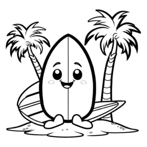 Coconut with Surfboard and Flip Flops smiling coloring page