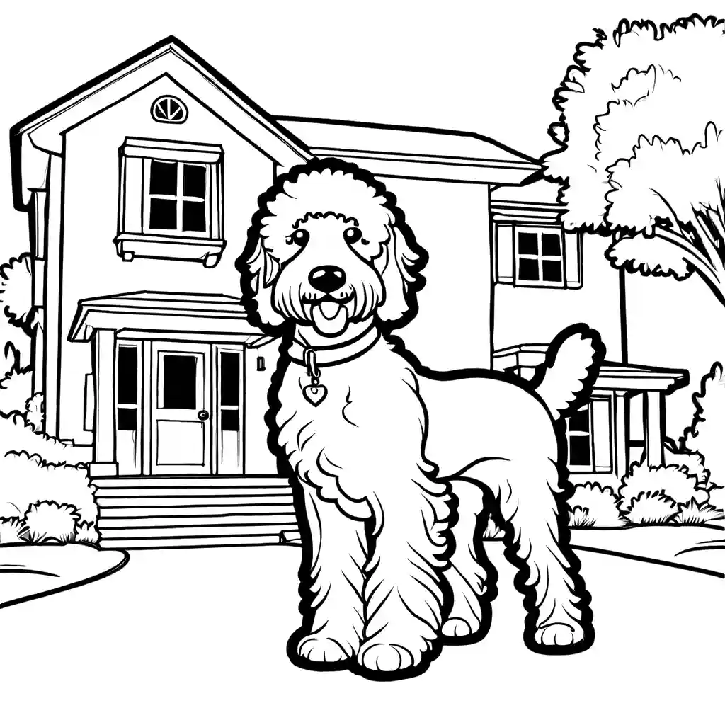 Goldendoodle standing in front of a house with a wagging tail, ideal for coloring activities coloring page