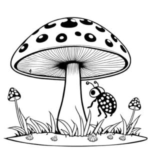 Cheerful ladybug on a red and white spotted toadstool in a magical forest coloring page