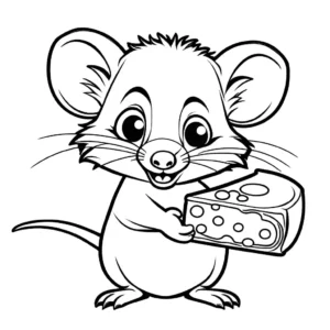Happy opossum with a big piece of cheese in its paws coloring page