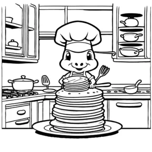 Funny armadillo wearing chef's hat cooking comically large stack of pancakes in kitchen coloring page