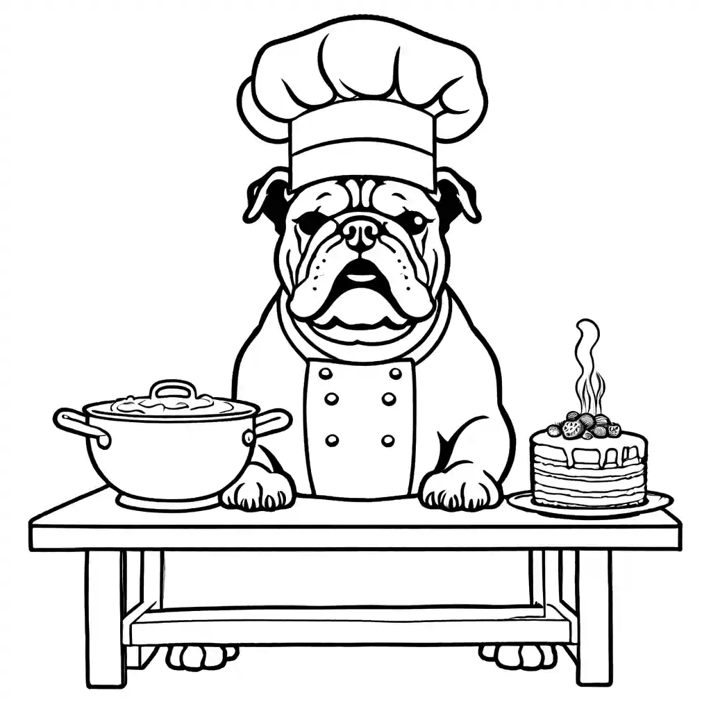 Bulldog with chef's hat cooking bone-shaped cake coloring page