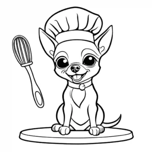 Cheerful chihuahua wearing a chef's hat and holding a rolling pin in a coloring page